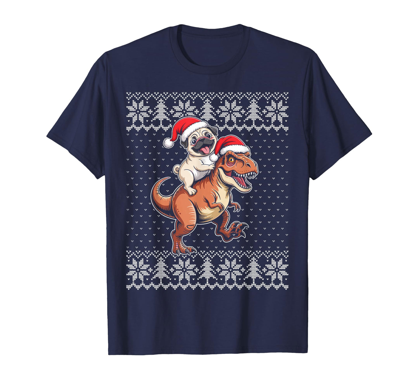 Pug Riding t rex Dinosaur Christmas Ugly Sweater T-Shirt