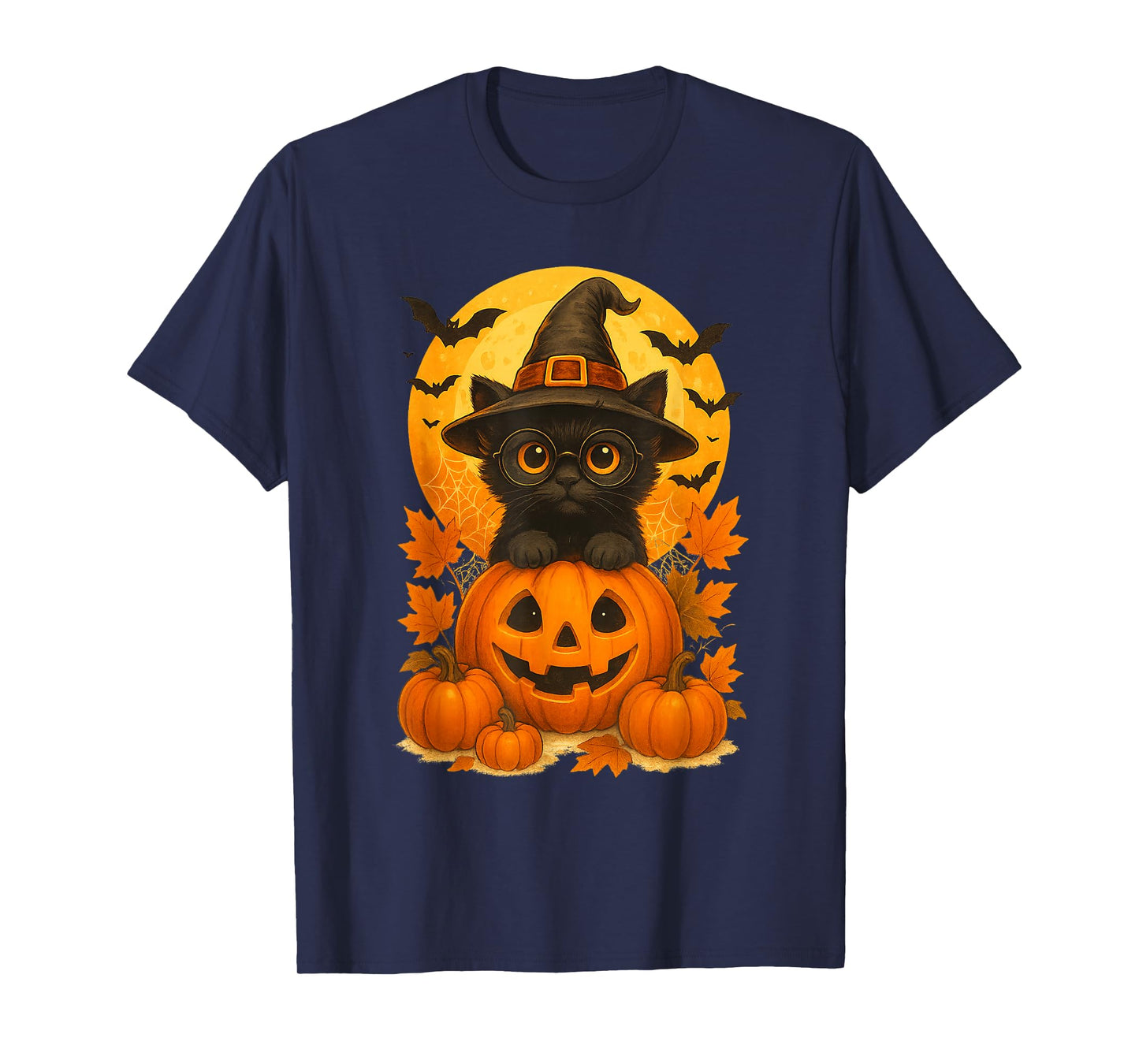 Black Cat Witch Pumpkin Halloween Costume Retro Fall Autumn T-Shirt