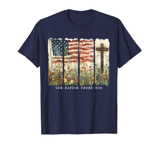 One Nation Under God Flag 4th Of July Patriotic Christian T-Shirt
