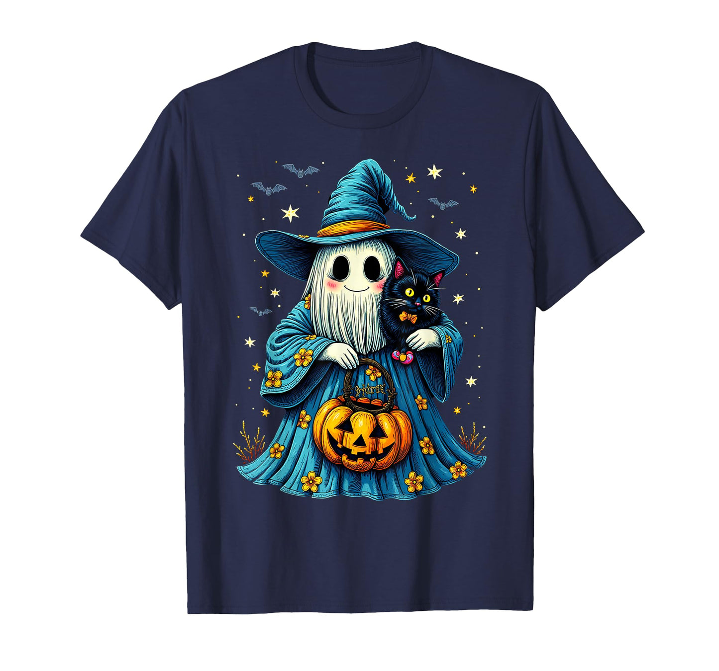 Ghost Holding Black Cat Lover Halloween 2025 Groovy Floral T-Shirt