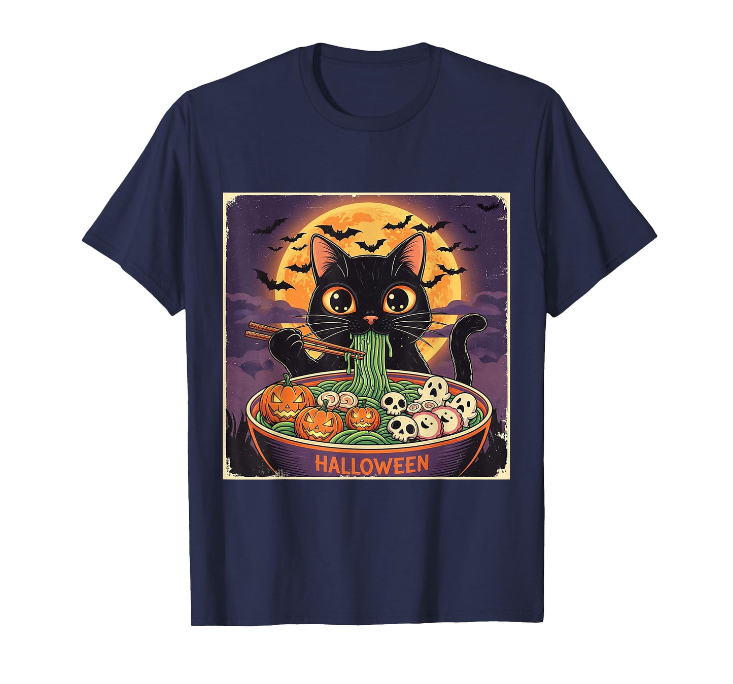 Black Cat Witch Hat Slurping Ramen Holiday Vintage Halloween T-Shirt