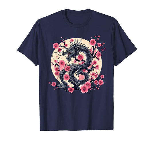 Vintage Chinese Dragon Asian Art Cherry Blossom Pink Flower T-Shirt