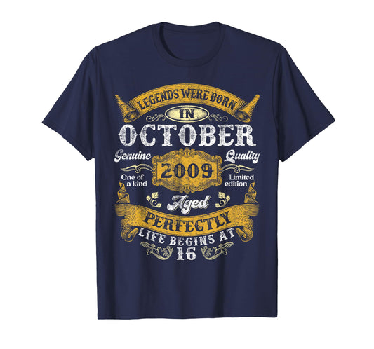 Legends Were Born In October 2009 Vintage 16th Birthday Boy T-Shirt