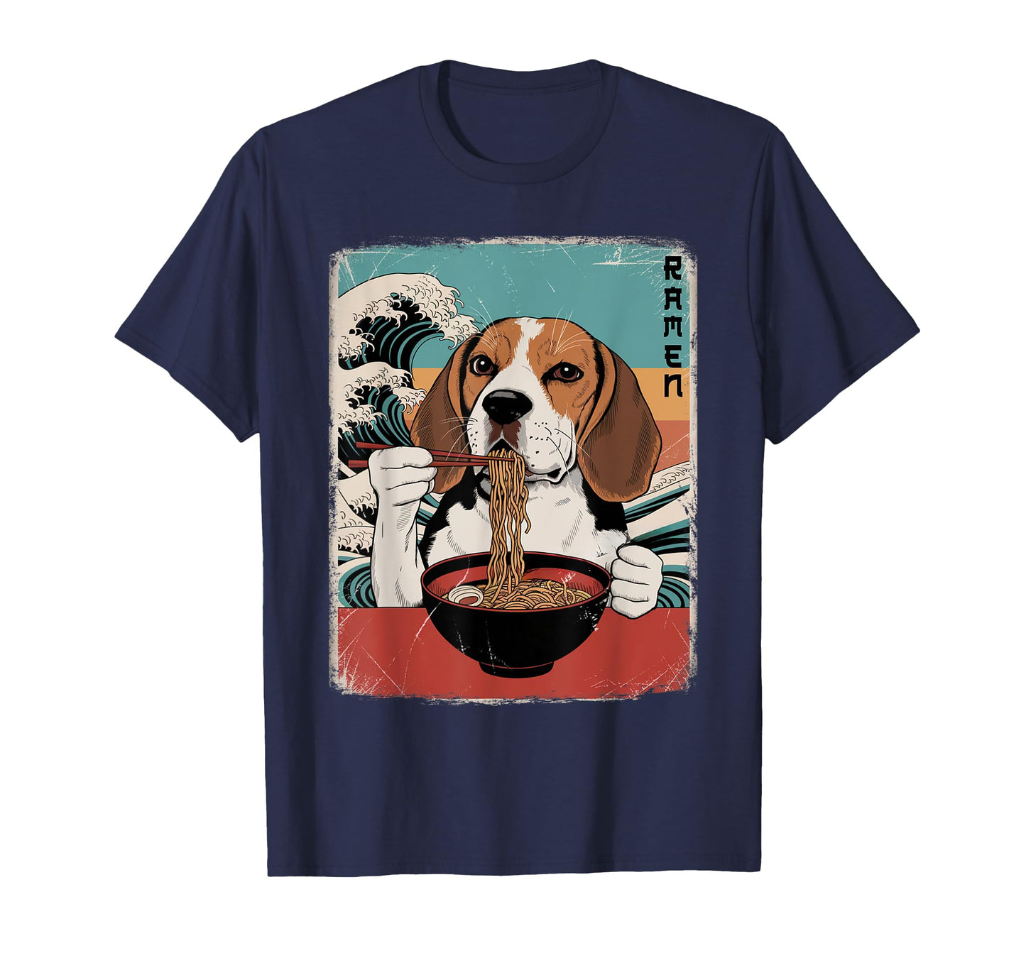 Beagle Eat Ramen Noodles Japanese Art Retro Ocean Waves T-Shirt