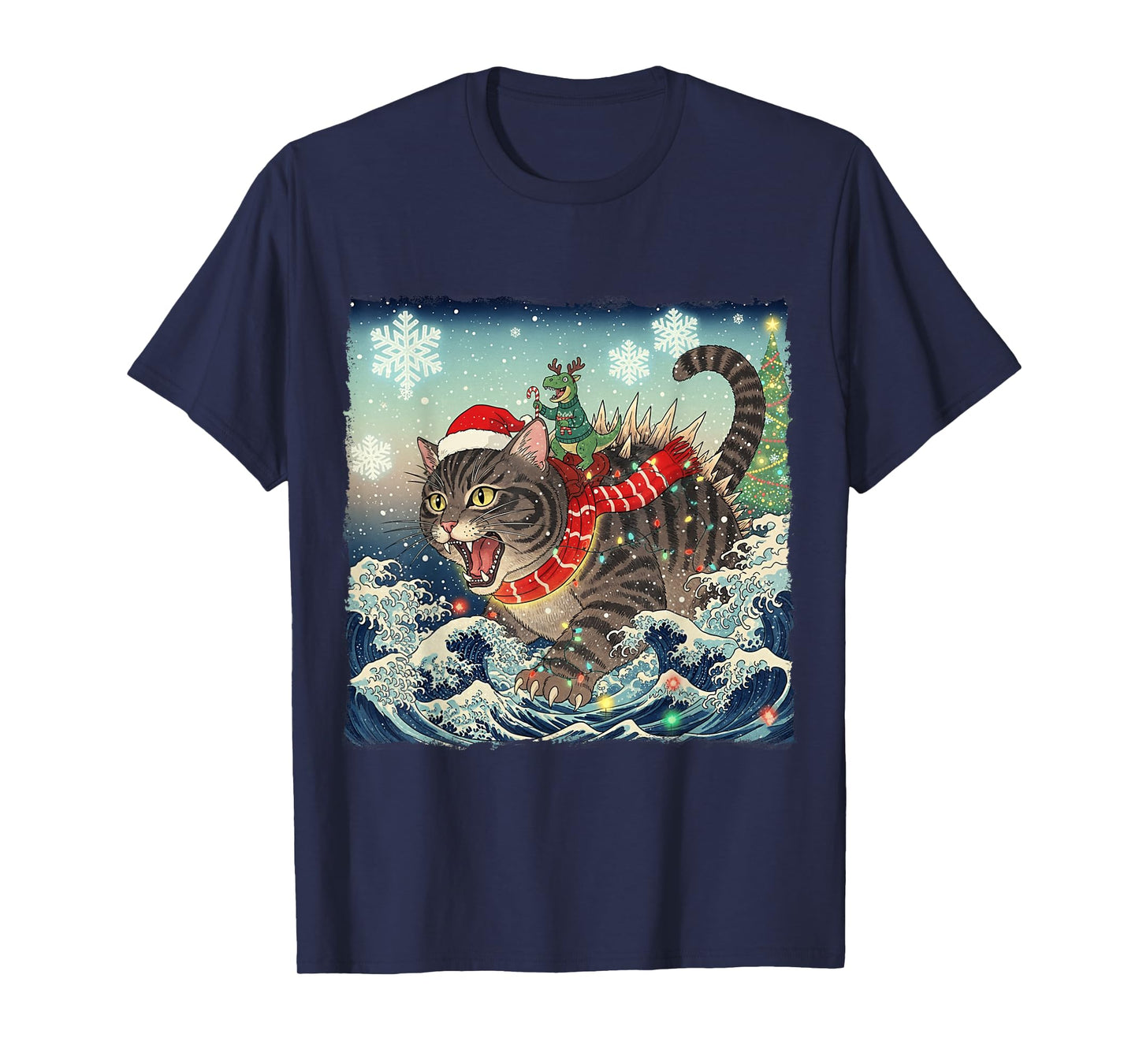 Catzilla Christmas with Cute Dino Cat Funny Holiday Wave T-Shirt