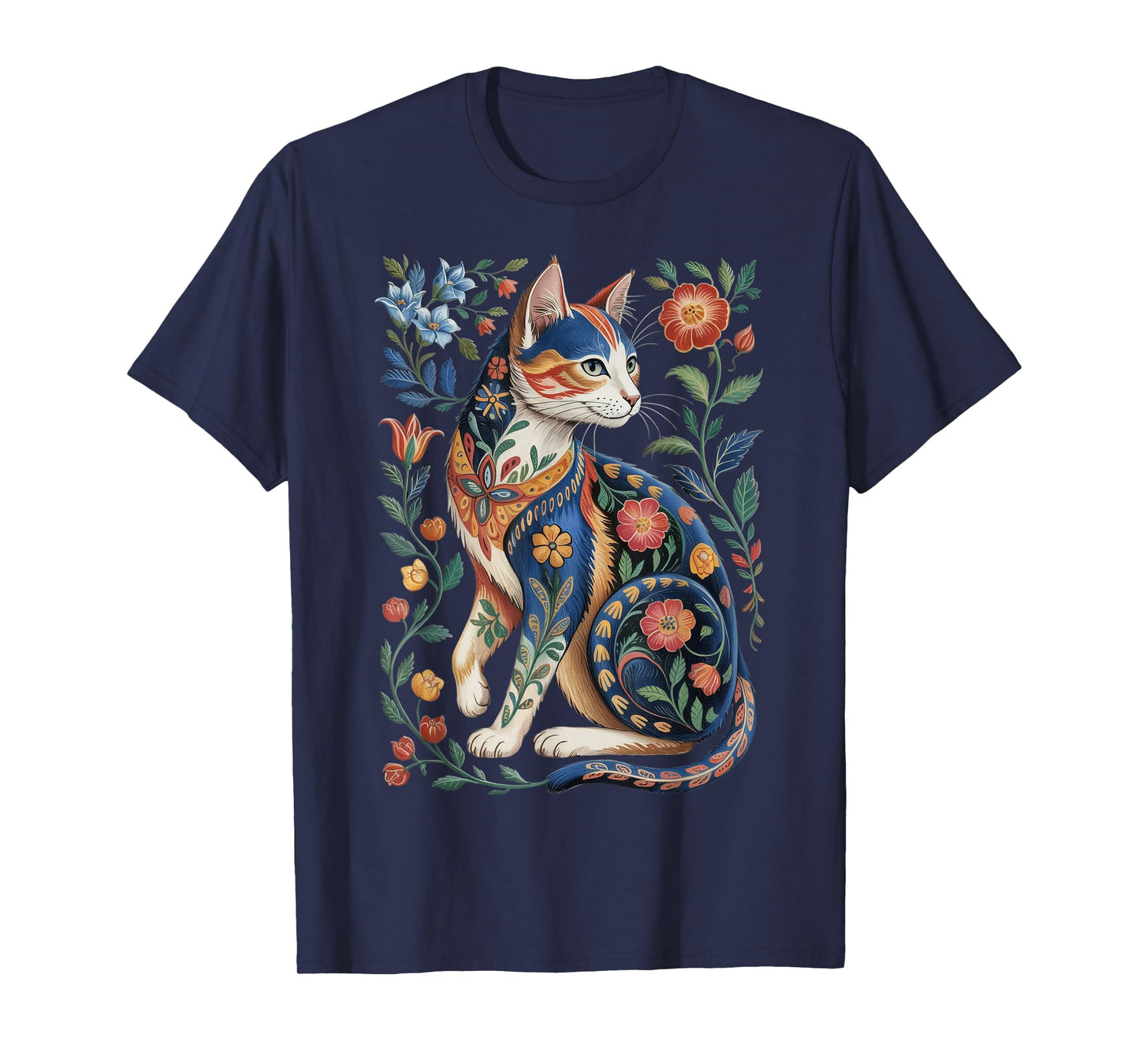 Cute Cat Lover Vintage Flowers Art Pattern Aesthetic T-Shirt
