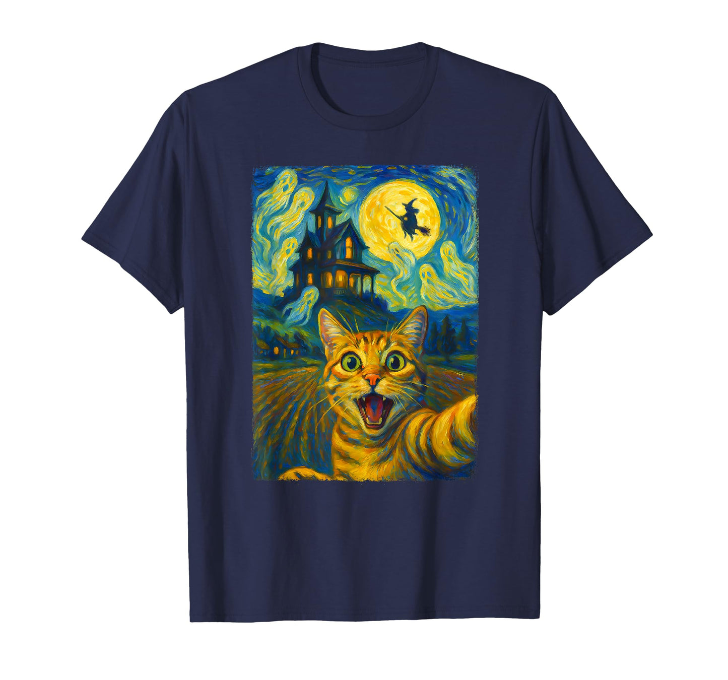 Funny Cat Selfie Witch Ghost Halloween Van Gogh Starry Night T-Shirt