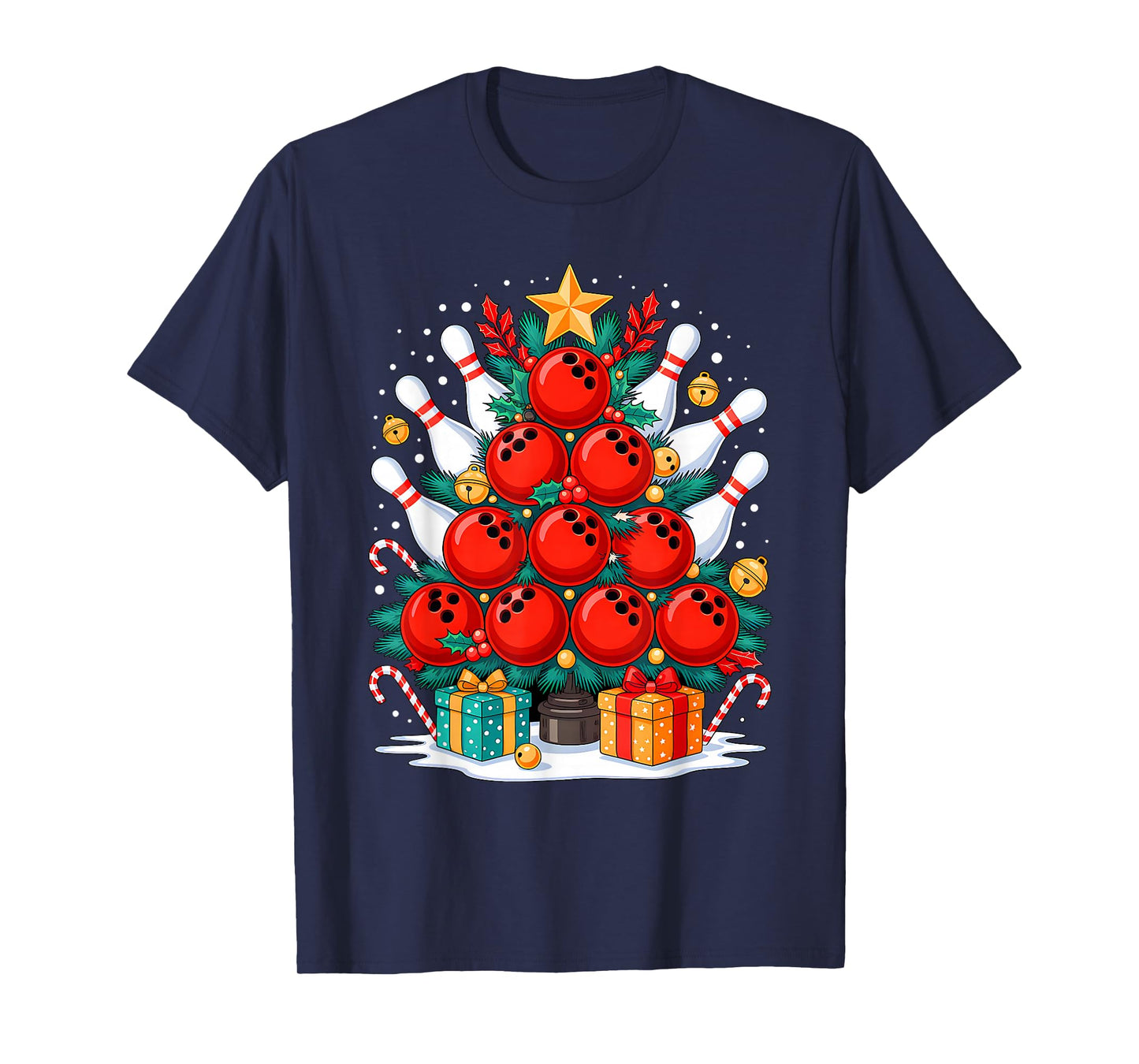 Funny Bowling Christmas Tree Lights Xmas Vibes Bowling Lover T-Shirt