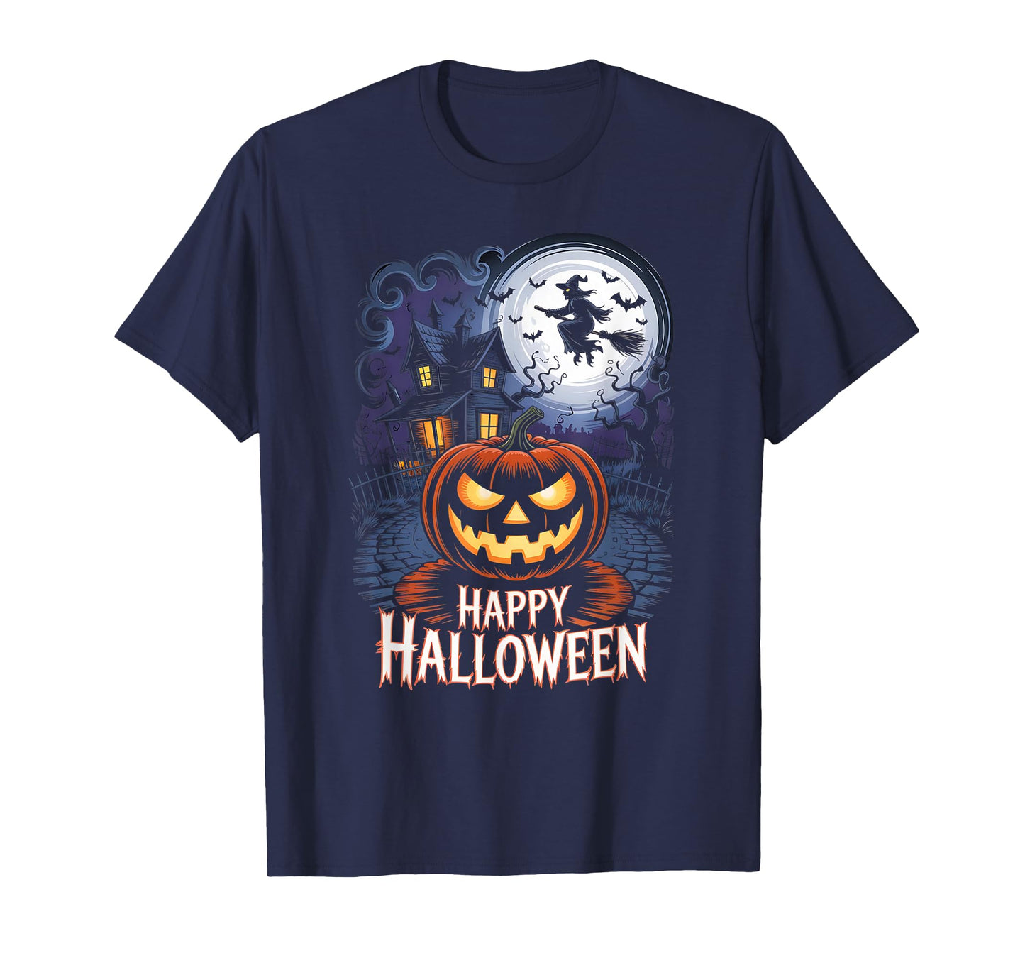 Spooky Halloween Haunted House with Pumpkin, Full Moon Witch T-Shirt