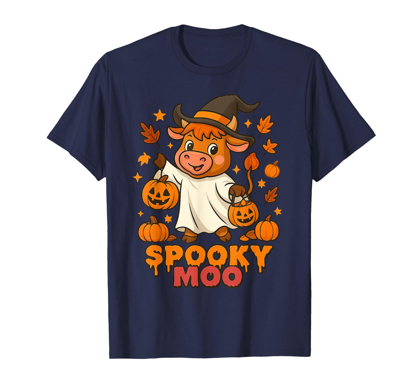 Cute Farm Pumpkin Highland Cow Spooky Moo Funny Halloween T-Shirt