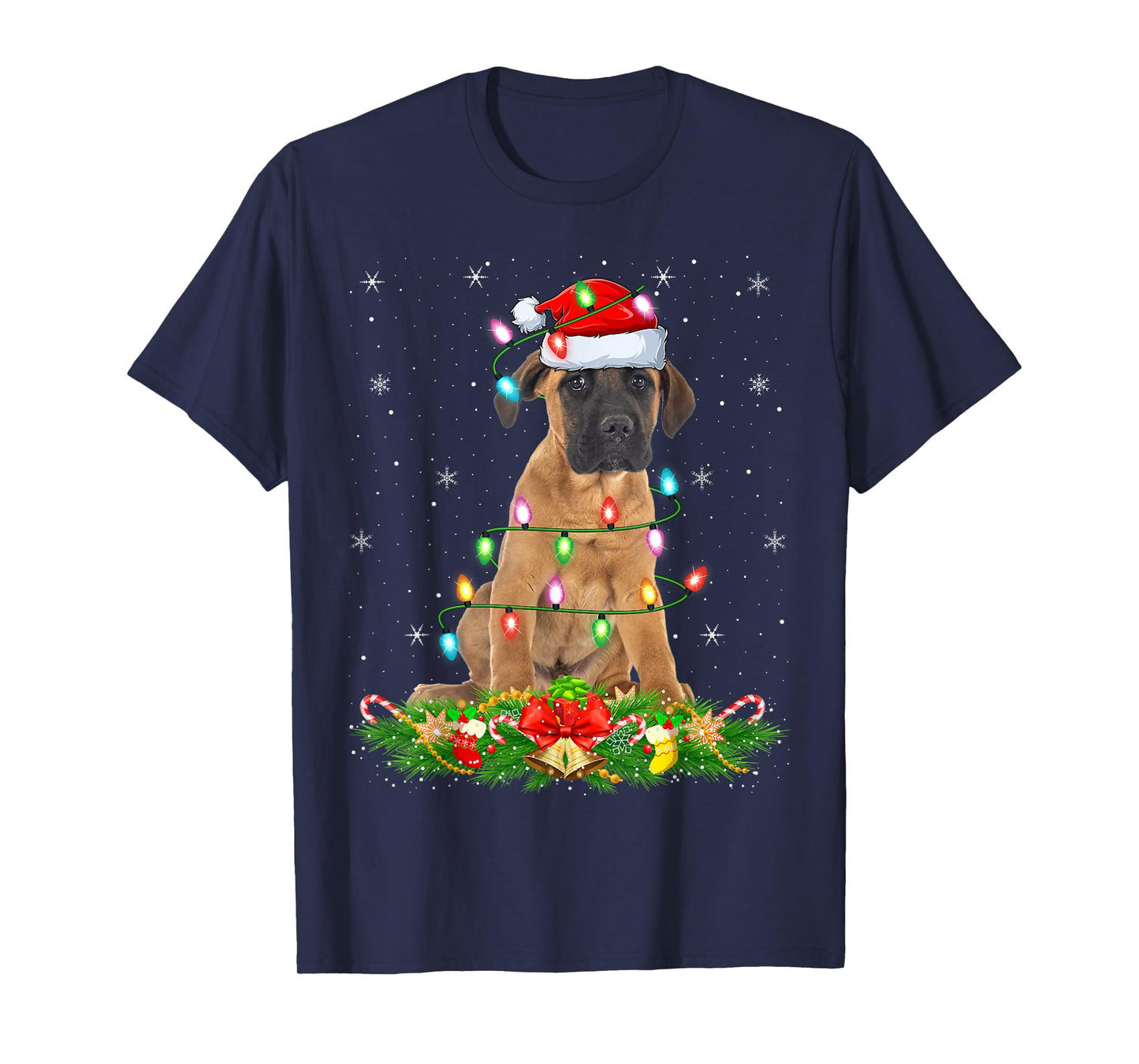Mastiff Dog Christmas Lights Funny Santa Hat Xmas T-Shirt