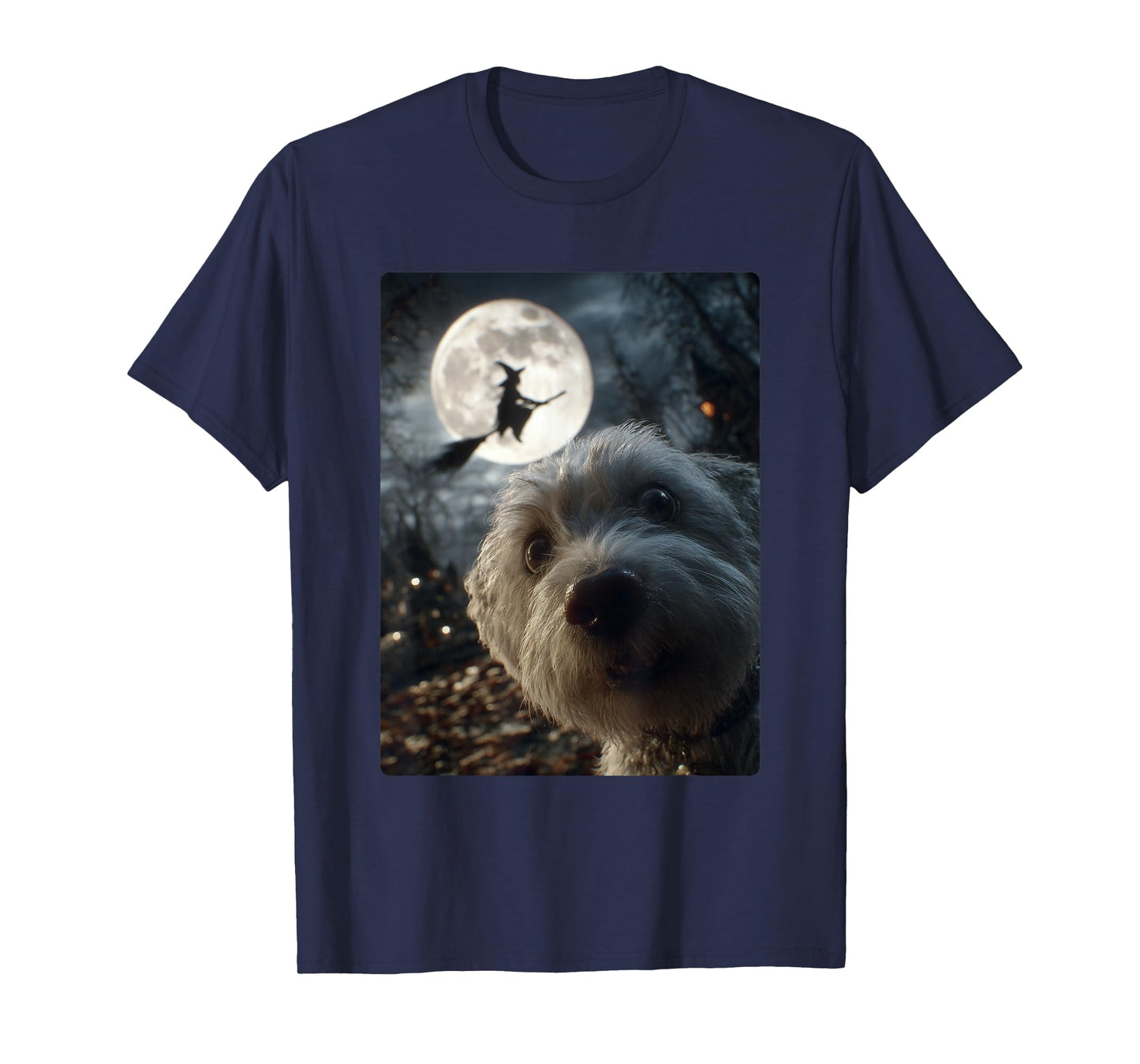 Funny Maltese Selfie Full Moon Flying Witch Halloween Dog T-Shirt