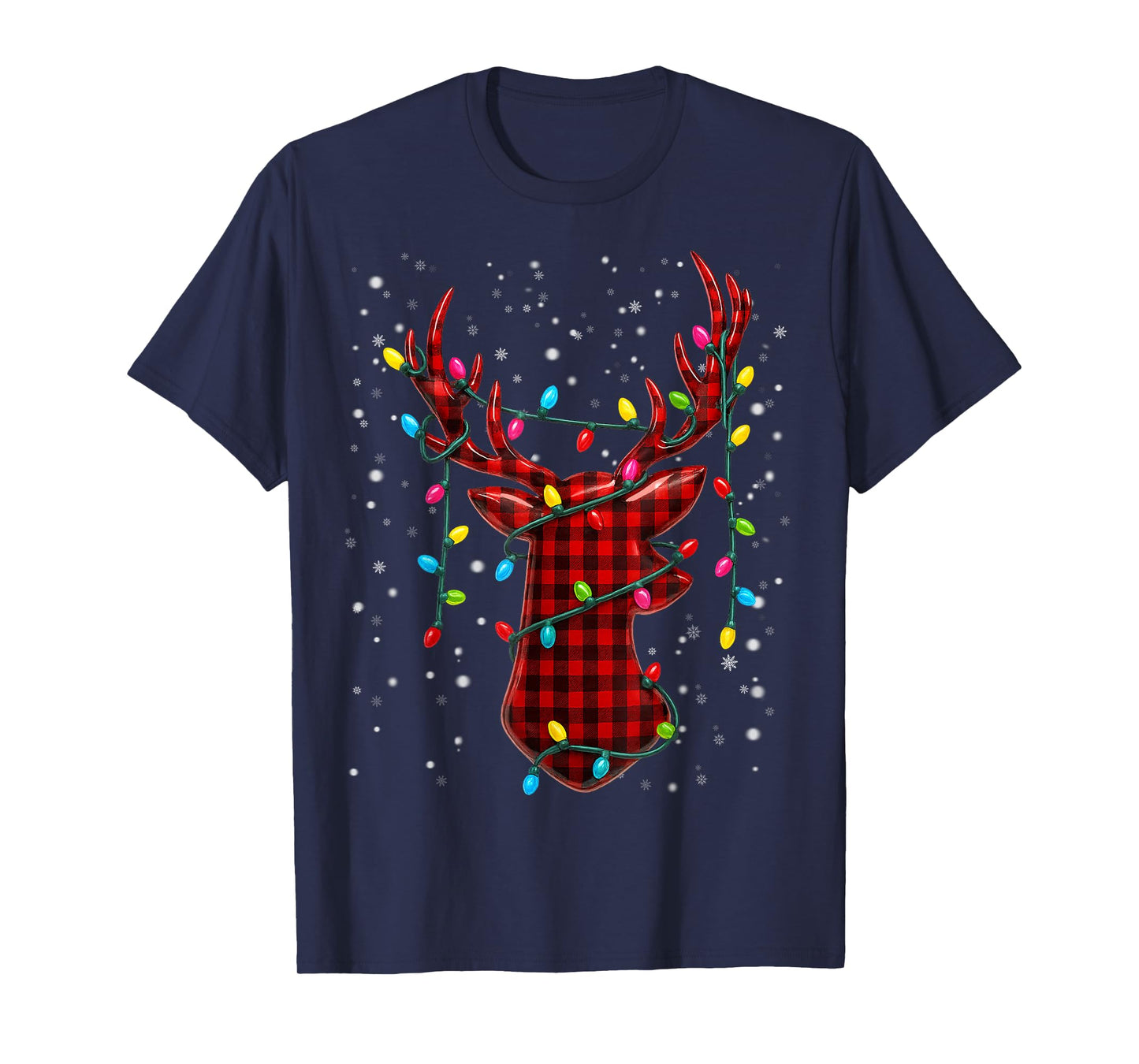 Graphic Plaid Rudolph Christmas Tree Light Xmas Men T-Shirt