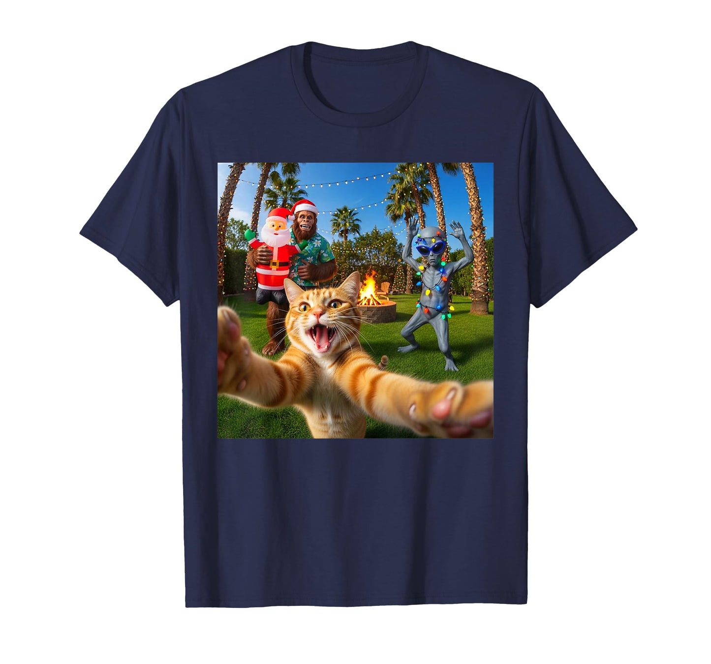 Funny Christmas Cat Selfie with Bigfoot & Alien Party T-Shirt