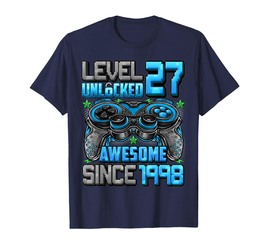 Level 27 Unlocked Awesome Since 1998 27th Birthday Gaming T-Shirt