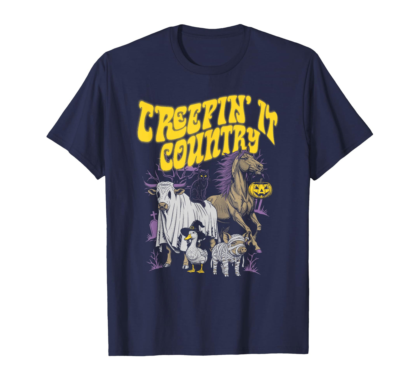 Creepin’ It Country Spooky Farm Animal Halloween Art T-Shirt