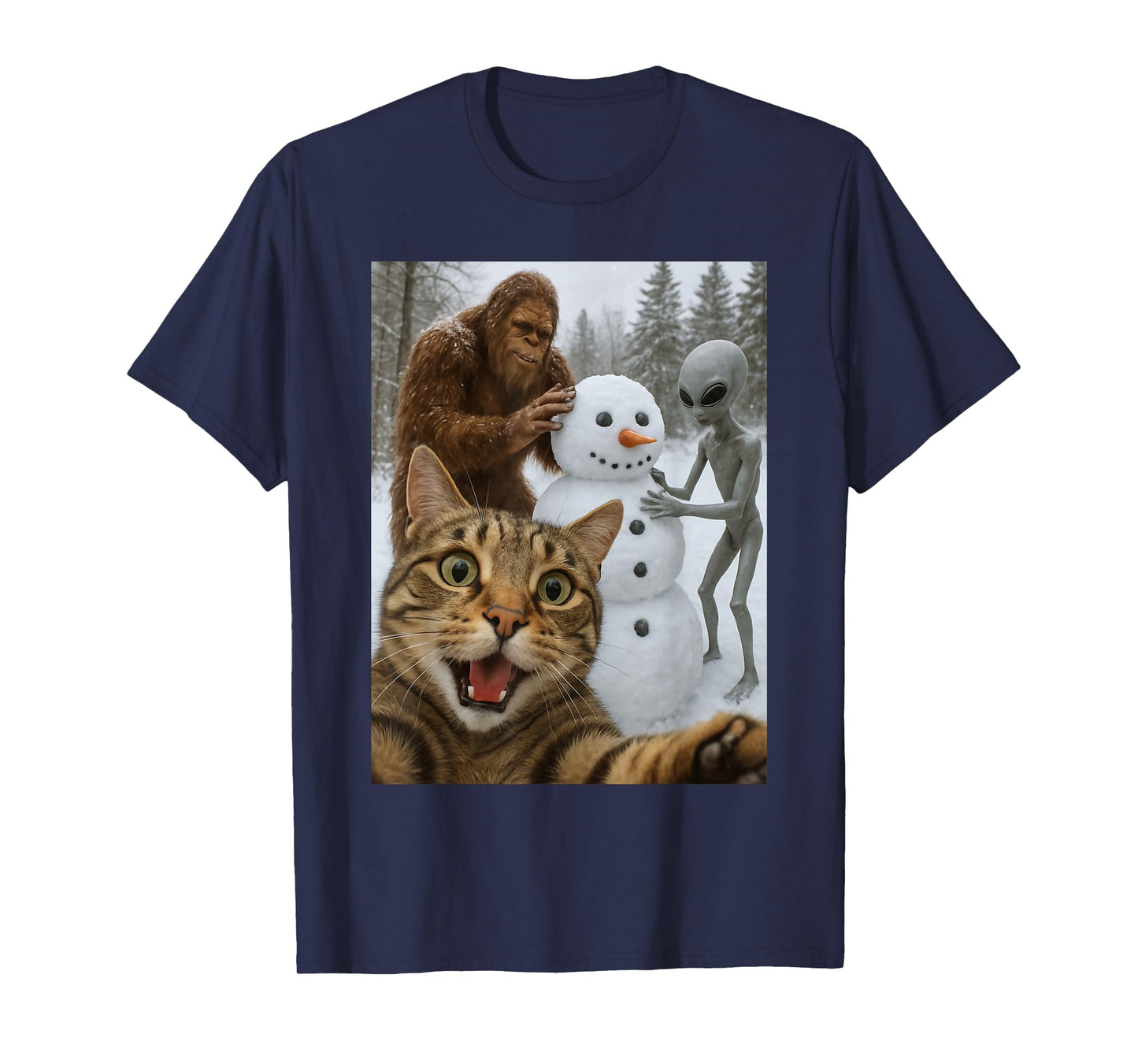 Funny Christmas Cat Selfie with Bigfoot Alien & Snowman T-Shirt