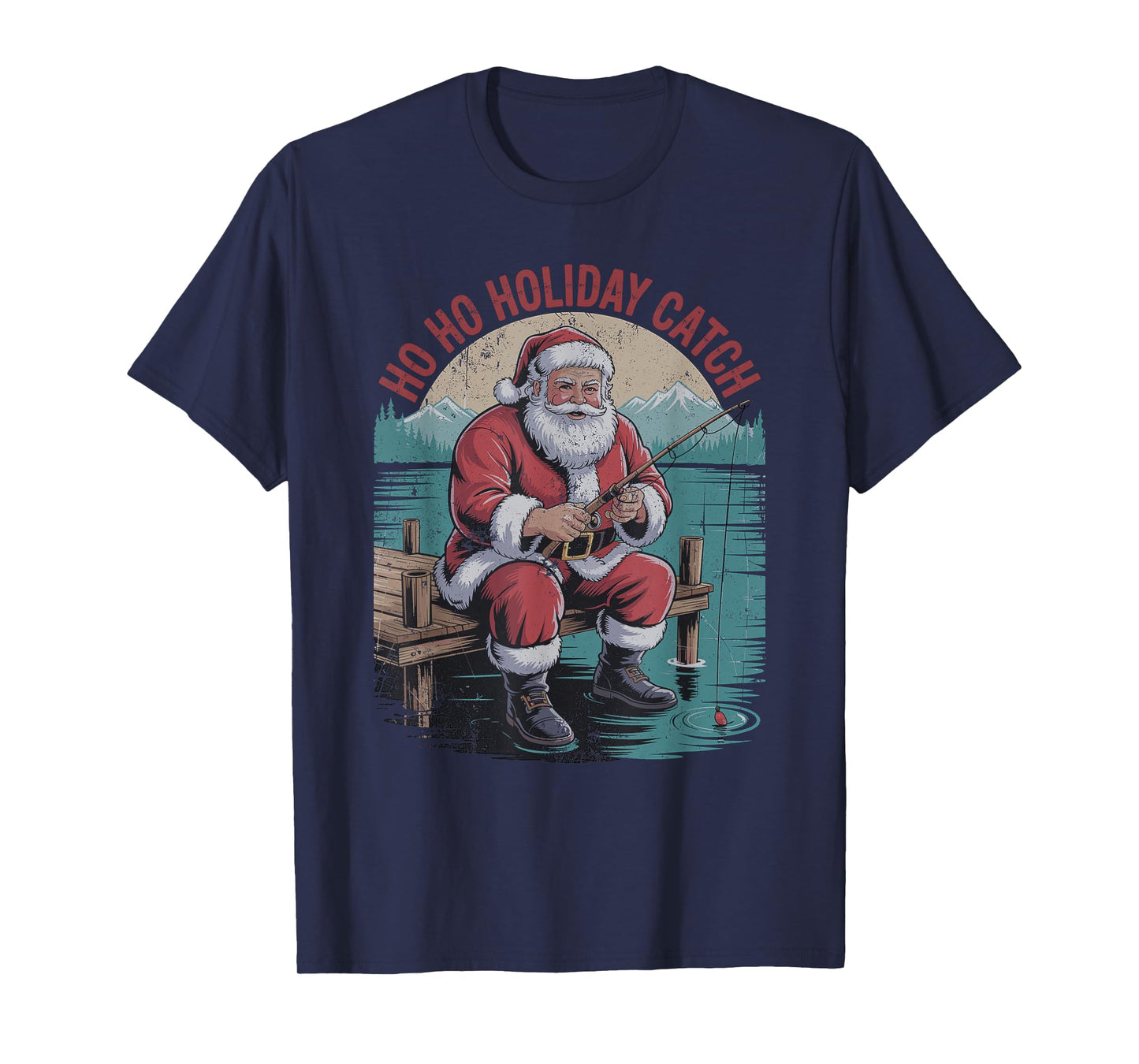 Santa Fishing Retro Vintage 90s Christmas Holiday Fisherman T-Shirt