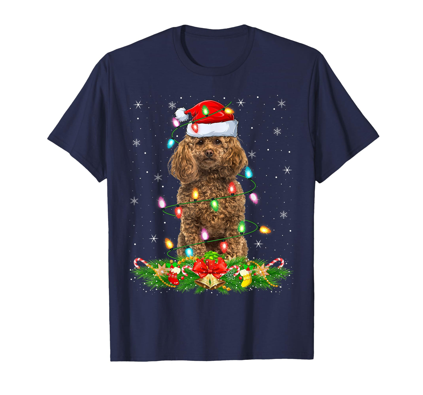 Poodle Dog Christmas Lights Funny Santa Hat Xmas T-Shirt