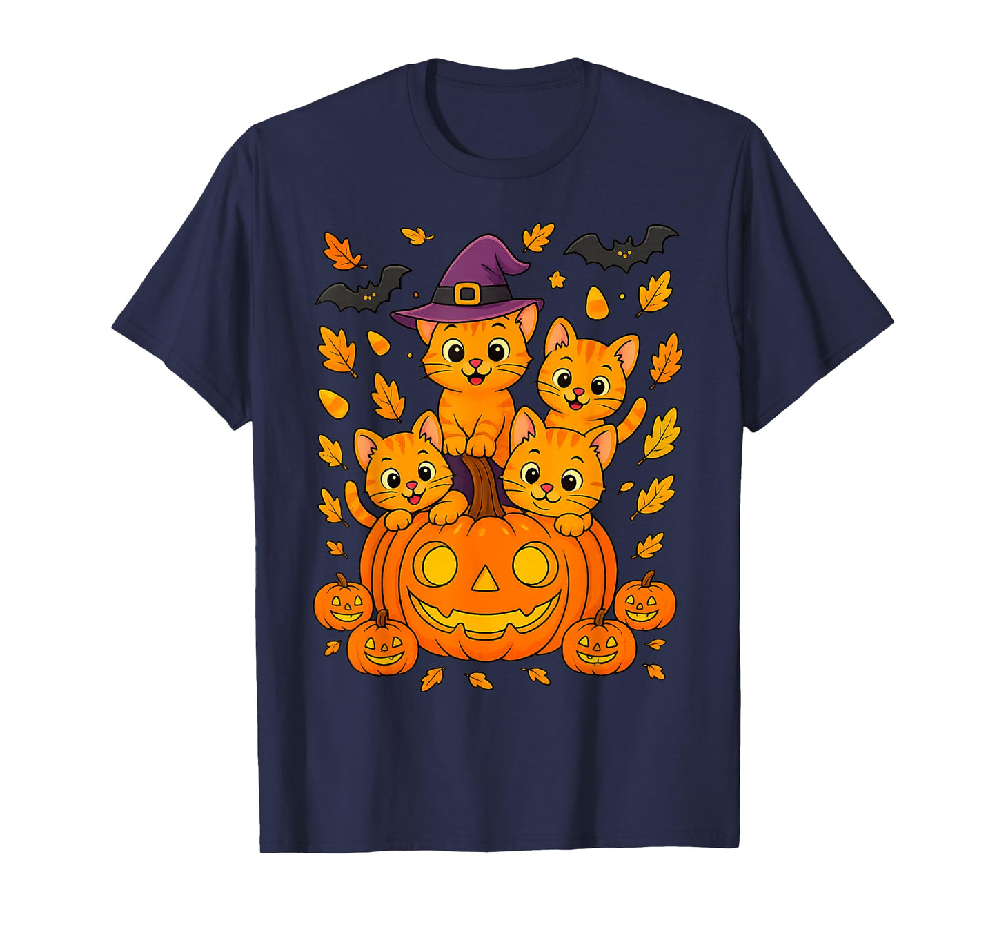 Halloween Pumpkin Party Orange Kittens Leaves Candy Funny T-Shirt