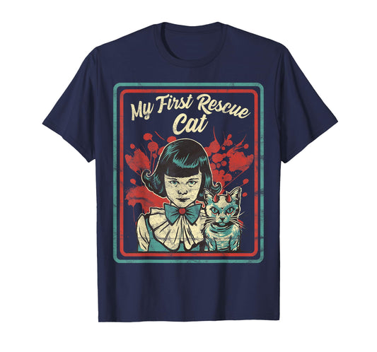 Vintage Child Game Horror, Dark Humor, My First Rescue Cat T-Shirt