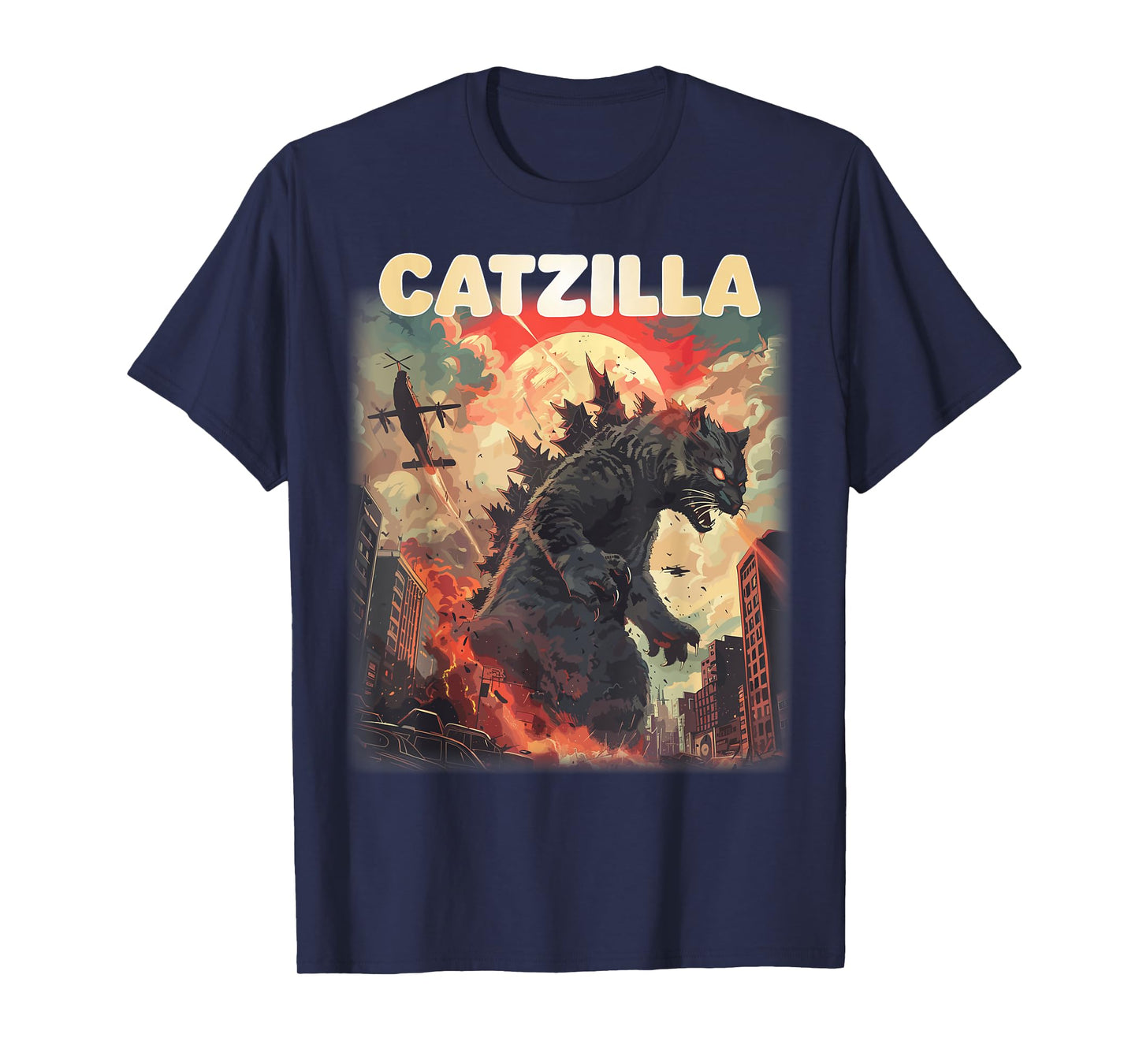 Vintage Catzilla Japanese Sunset Style Cat Kitten Lover T-Shirt