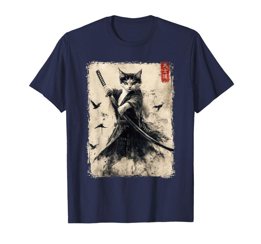 Samurai Cat Graphic Tee Warrior Vintage Japanese Art Anime T-Shirt