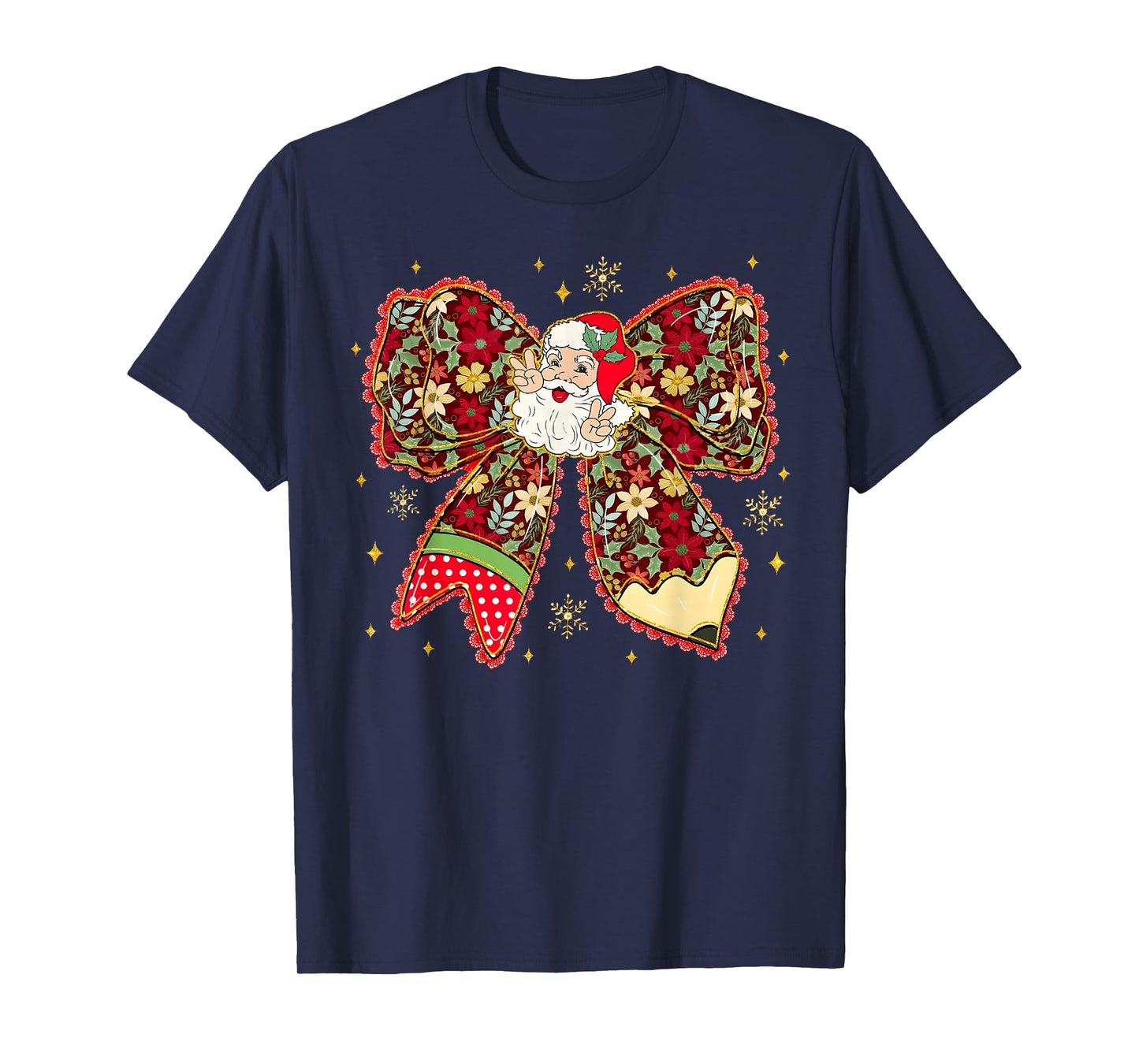 Santa Peace Sign Floral Coquette Bow Christmas Pajamas Girly T-Shirt