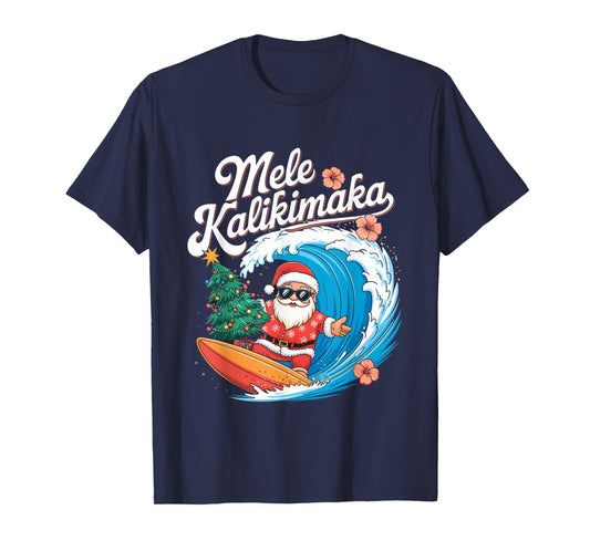 Vintage Cute Mele Kalikimaka Christmas Santa Surfing Costume T-Shirt