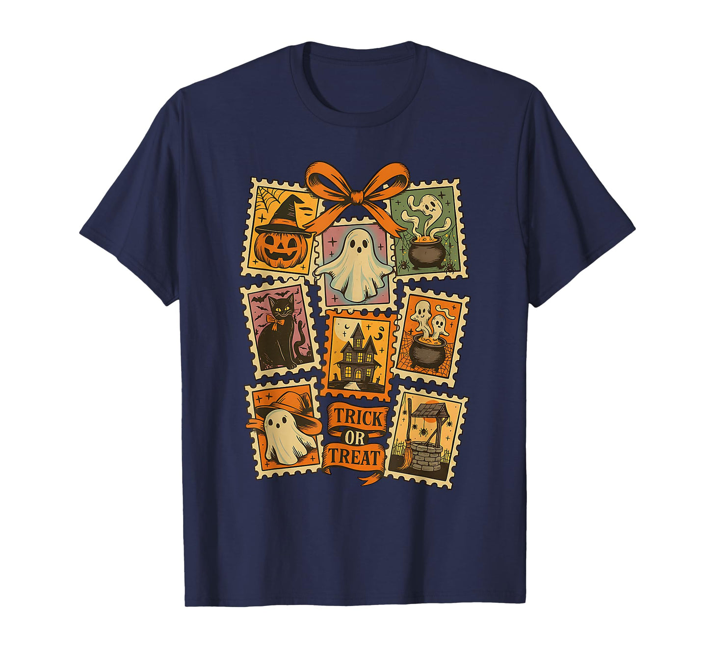 Halloween Stamp Spooky Ghost Boo Pumpkin Coquette Bow Retro T-Shirt