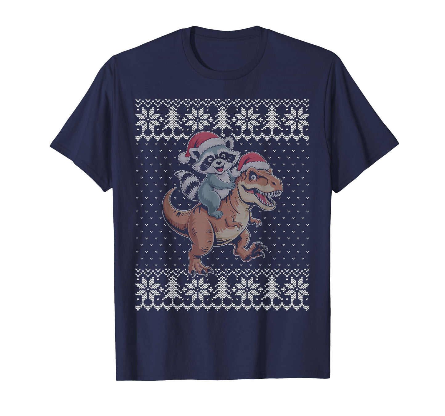 Raccoon Riding Dinosaur Ugly Christmas Sweater T-Shirt