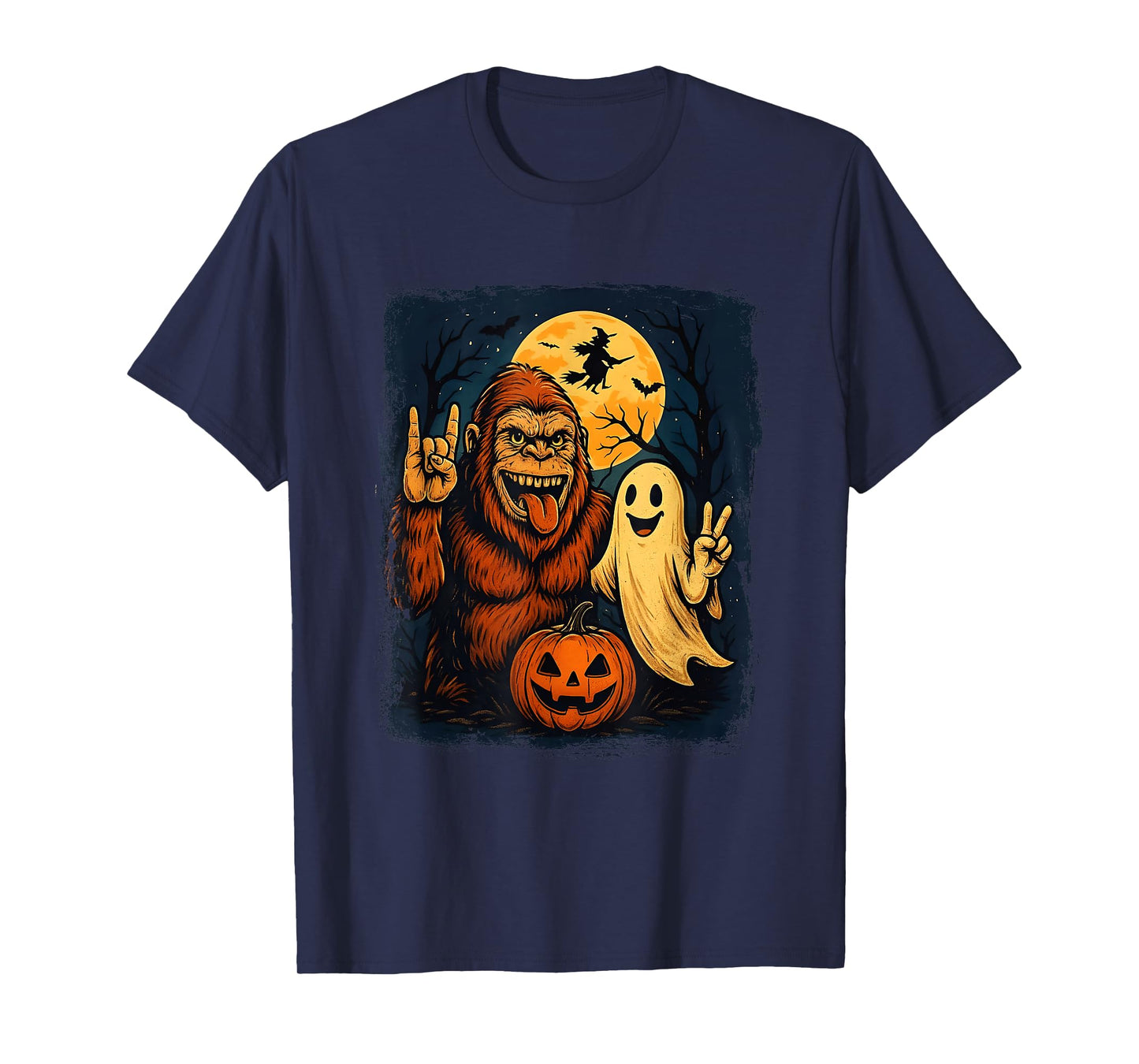 Tongue Out Bigfoot Selfie with Ghost Witch Pumpkin Halloween T-Shirt