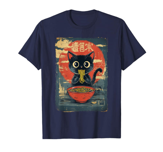 Black Cat Eating Ramen Vintage T-Shirt
