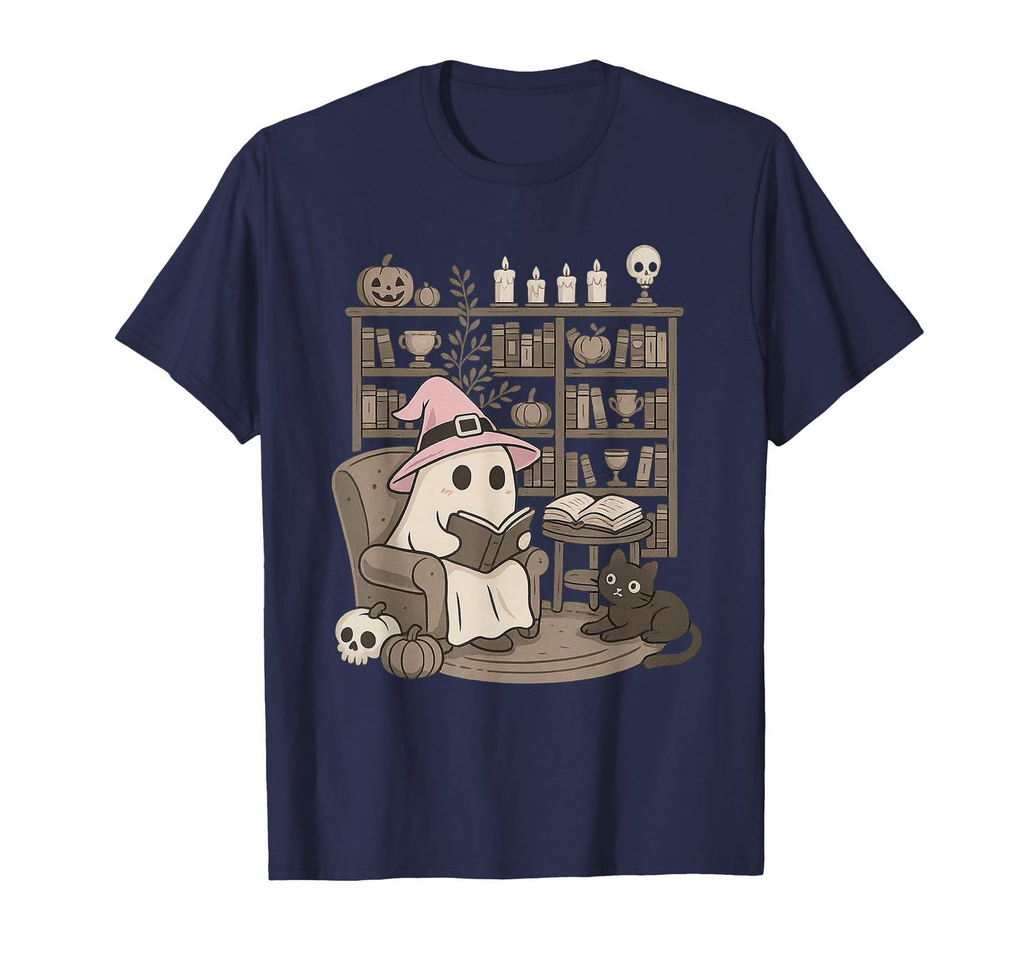 Funny Ghost Witch Reading Black Cat Library Halloween T-Shirt