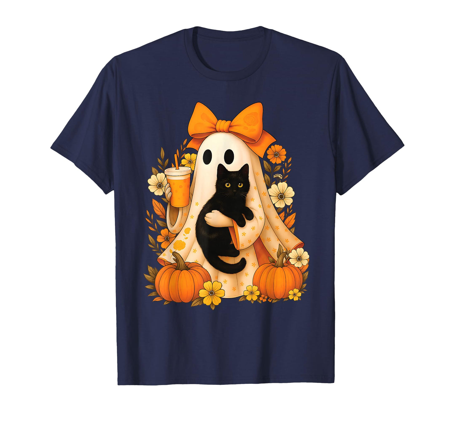 Retro Ghost Holding Cat Groovy Floral Vintage Halloween T-Shirt