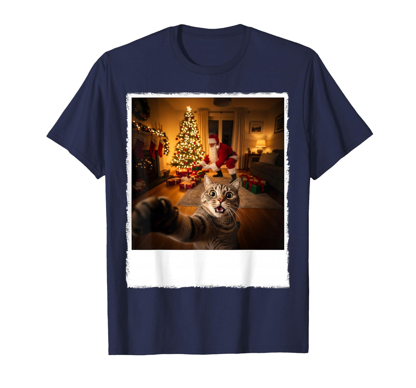 Funny Grey Cat Selfie with Santa Claus Gifts Christmas Night T-Shirt