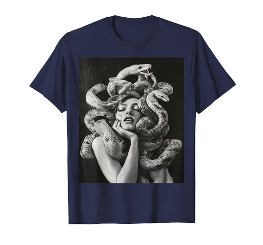 Goth Medusa Tops Black Gothic White Design Snake T-Shirt