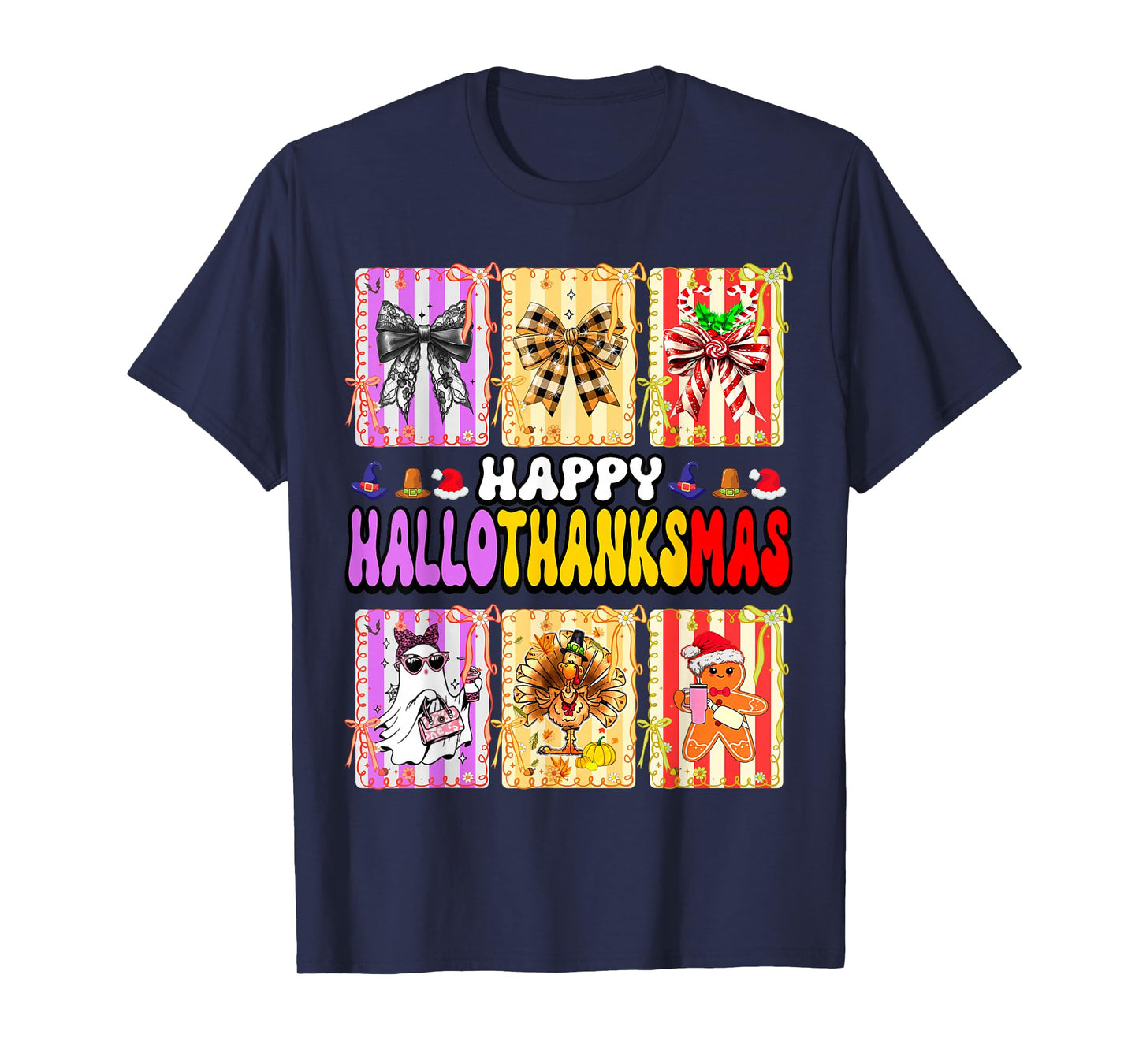Hallothanksmas Coquette Bow Halloween Thanksgiving Christmas T-Shirt