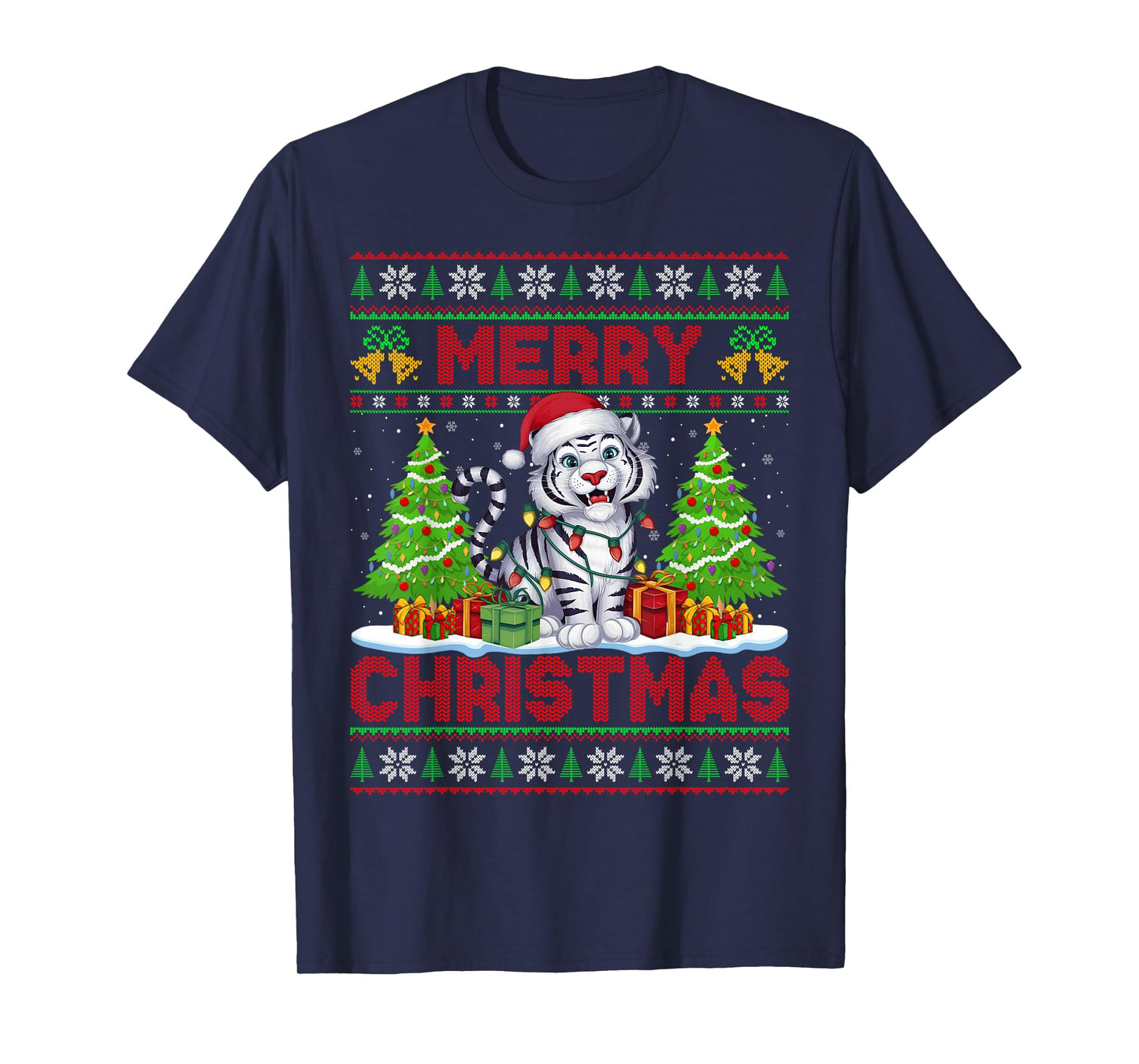 White Tiger Ugly Christmas Sweaters Funny Santa Lights Xmas T-Shirt