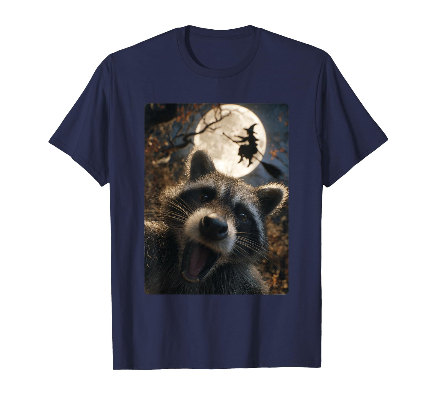 Funny Raccoon Selfie Full Moon Flying Witch Forest Halloween T-Shirt
