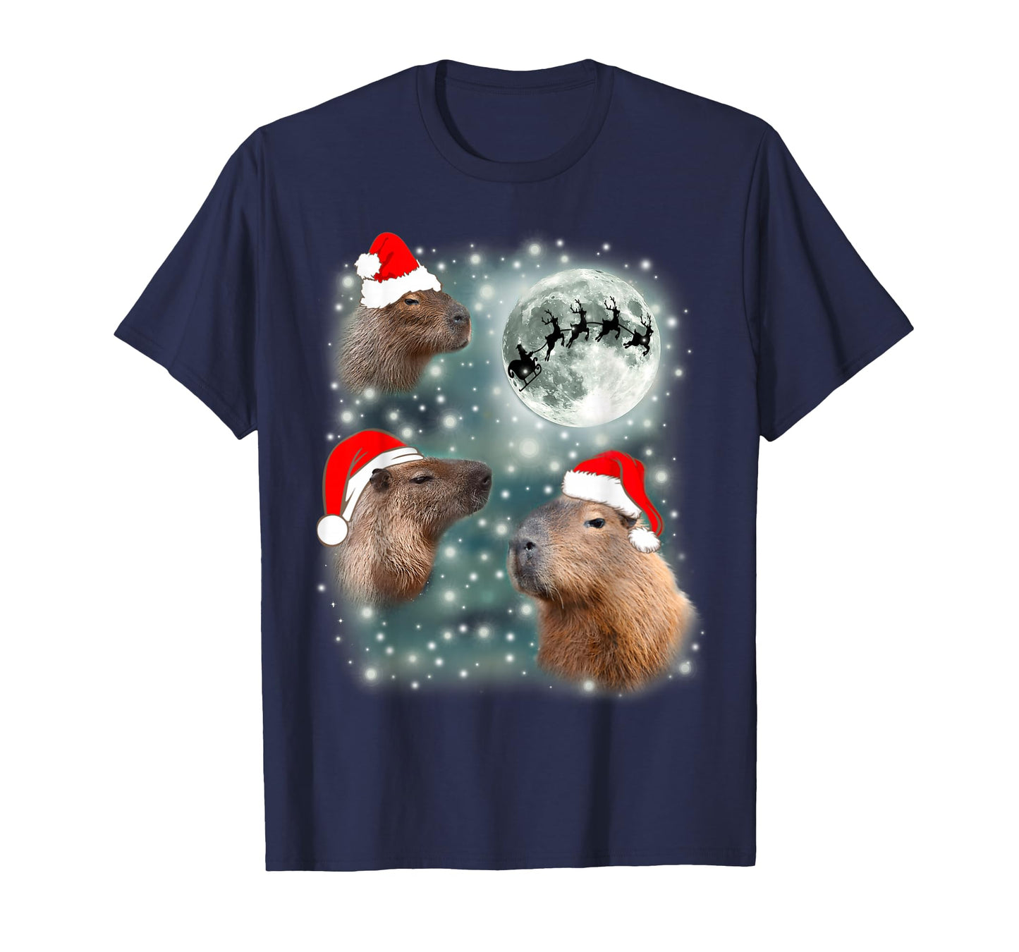 3 Capybara Moon Giant Rodents Weird Howling Funny Xmas Santa T-Shirt