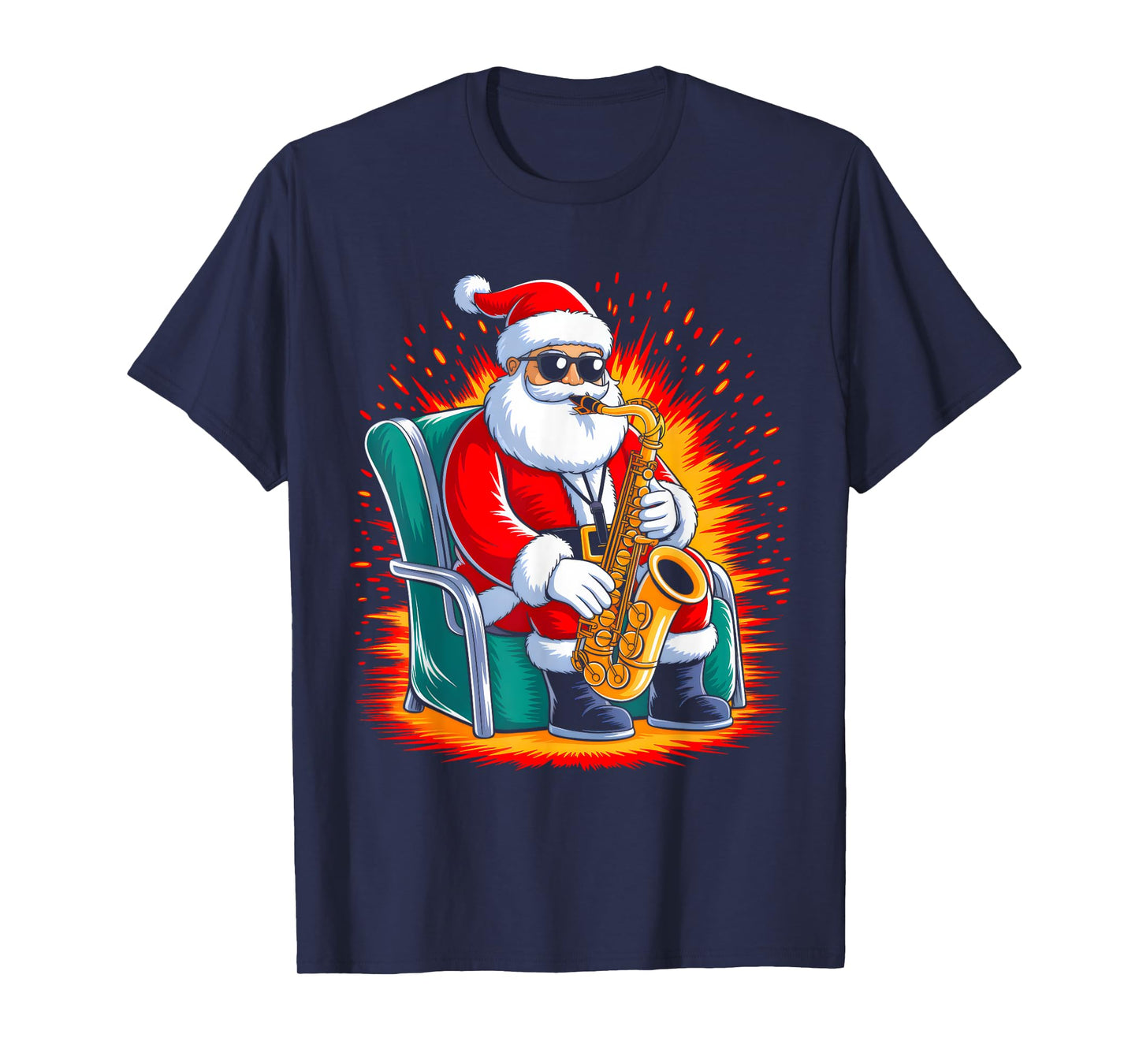 Saxophone Santa Playing Drums Funny Christmas Music Lover T-Shirt