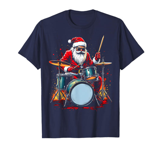Drummer Santa Playing Drums Funny Christmas Music Lover Boys T-Shirt