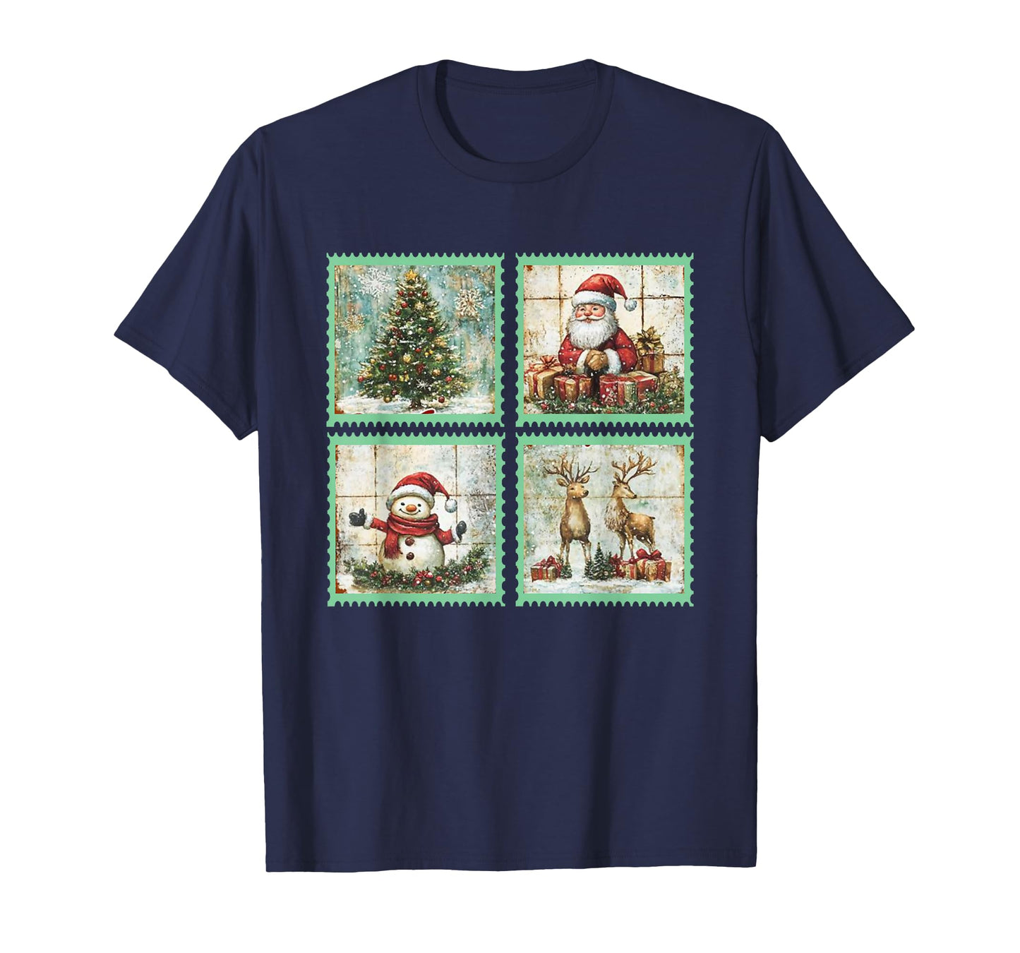 Retro Christmas Stamp Santa,Rentier,Snowmen,Christmas Tree T-Shirt