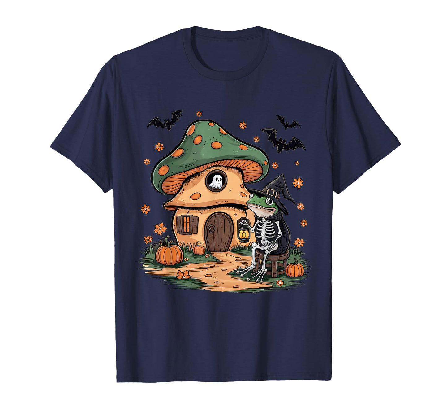Frog Skeleton Mushroom House Funny Halloween Ghost Pumpkin T-Shirt