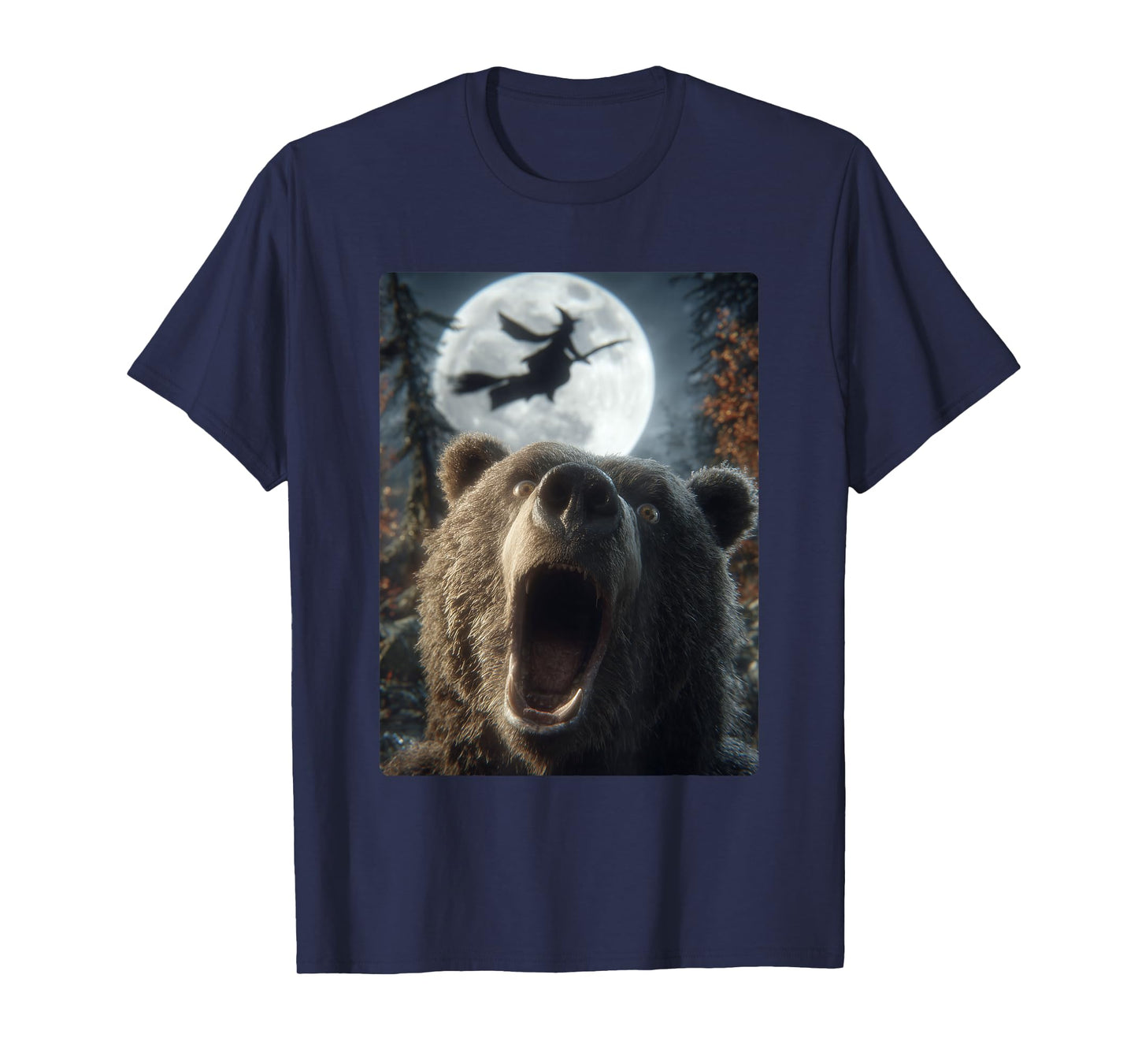 Funny Bear Selfie Full Moon Flying Witch Forest Halloween T-Shirt