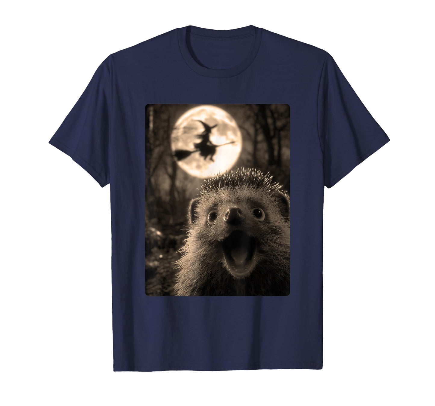 Funny Hedgehog Selfie with Full Moon Flying Witch Halloween T-Shirt