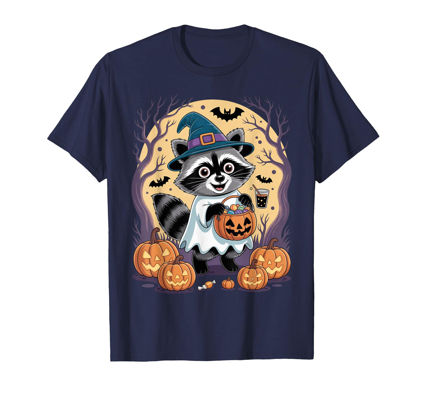 Spooky Raccoon Witch Hat Halloween Pumpkin Adventures Funny T-Shirt