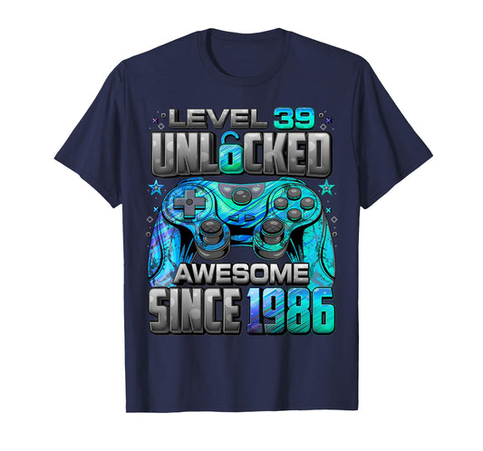 Level 39 Unlocked Awesome Since 1986 39th Birthday Gaming T-Shirt