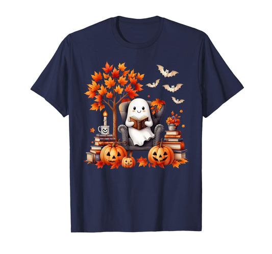 Vintage Ghost Book Reading Pumpkin Gothic Halloween Teachers T-Shirt